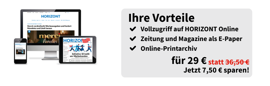 Linksbündig sind ein Smartphone, PC-Bildschirm und ein Tablet zu sehen, welche die Onlineausgabe eines E-Papers von HORIZONT zeigen. Rechts daneben eine Infobox: Ihre Vorteile, Vollzugriff auf HORIZONT Online, Zeitung und Magazine als E-Paper, Online-Printarchiv für 29 € statt 36,50 €, jetzt 7,50 € sparen!