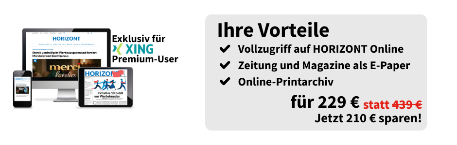 Linksbündig sind ein Smartphone, PC-Bildschirm und ein Tablet zu sehen, welche die Onlineausgabe eines E-Papers von HORIZONT zeigen, rechts davon ein Hinweis mit 