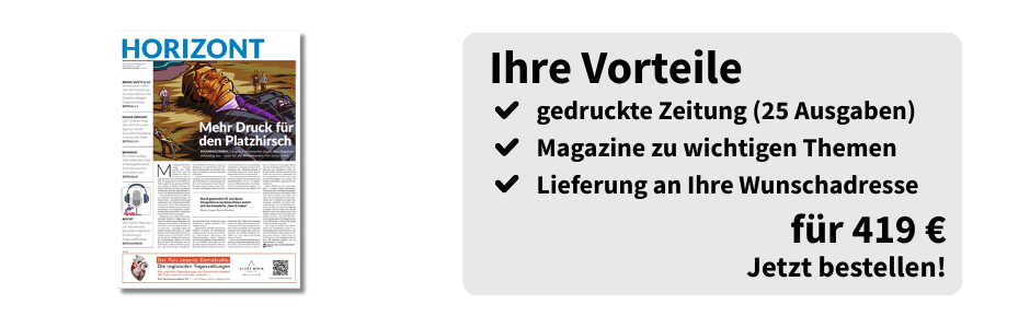 Linksbündig ist ein HORIZONT-Magazin zu sehen. Rechts daneben eine Infobox: Ihre Vorteile, gedruckte Zeitung (25 Ausgaben), Magazine zu wichtigen Themen, Lieferung an Ihre Wunschadresse, für 419 €, jetzt bestellen!