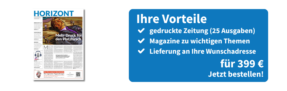 Linksbündig ist ein HORIZONT-Magazin zu sehen. Rechts daneben eine Infobox: Ihre Vorteile, gedruckte Zeitung (25 Ausgaben), Magazine zu wichtigen Themen, Lieferung an Ihre Wunschadresse, für 399 €, jetzt bestellen!